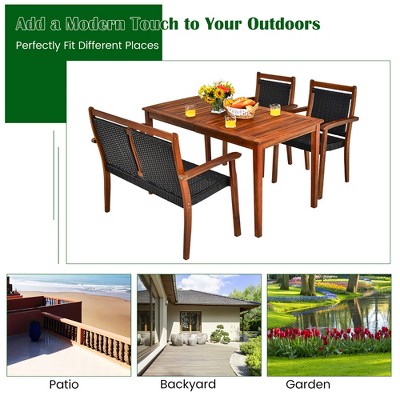 4-Piece Brown Wood and Black Rattan Patio Dining Set