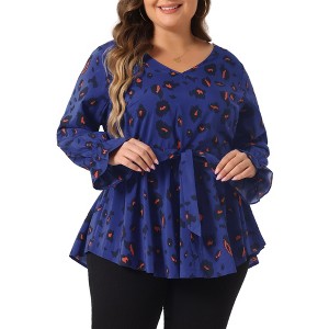 Agnes Orinda Women's Plus Size Graphic-Print Belted Long Sleeve V-Neck Peplum Blouse - 1 of 4
