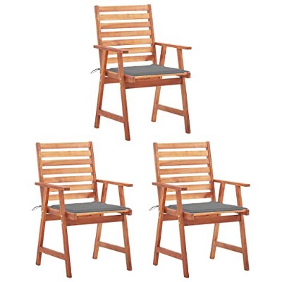 vidaXL Patio Dining Chairs with Cushions - Set of 3 - Solid Acacia Wood - Slatted Design - Gray Cushions