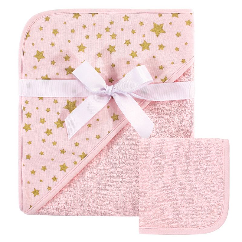 Hudson Baby Infant Girl Cotton Hooded Towel and Washcloth 2pc Set, Pink Gold Star, One Size, 1 of 3