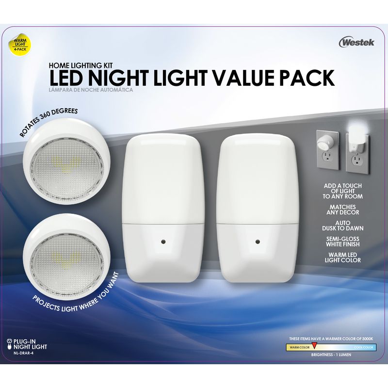 Westek Automatic Plug-in Aria Curved and Directional LED Night Light 4pk, 1 of 2