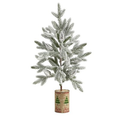 Nearly Natural 2.3' Flocked Christmas Artificial Tree in Decorative Planter