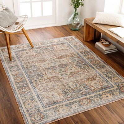 East Traditional Blue and Burnt Orange Washable Wool Area Rug 2'3" x 3'9"