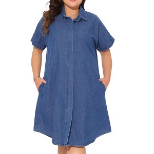 Agnes Orinda Women's Plus Size Short Sleeve Button Down Pockets Midi Denim Dress - 1 of 4