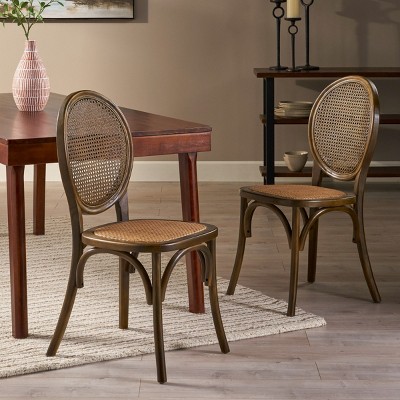 Elegant Vintage-Style Rattan Dining Chairs with Curved Wooden Frame, Round Cane Backrest, and Comfortable Woven Seat-Coolbibila