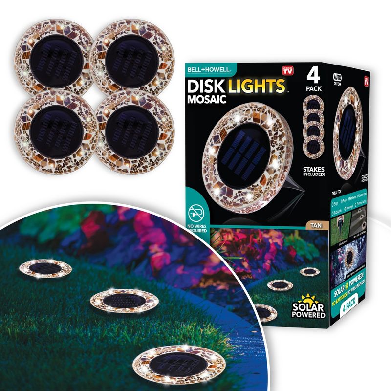 Bell + Howell 6 LED Round Tan Mosaic Solar Powered Disk Lights with Auto On/Off - 4 Pack, 2 of 4