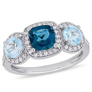 EVERLY JEWELRY | Sterling Silver 2.16 CT TGW Cushion-Cut London Blue Topaz & Sky Blue Topaz and 1/3 CT TW Diamond 3-Stone Halo Ring - 1 of 4