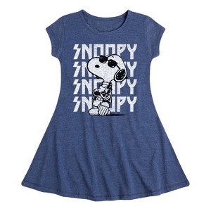 Girls' - Peanuts - Snoopy Rock Name Repeat Fit & Flair Cap Sleeve Dress - 1 of 4