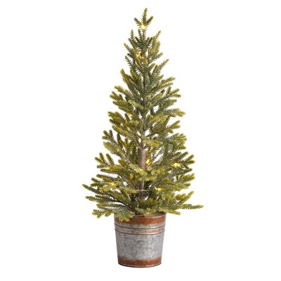 Nearly Natural 2.17-ft Pine Natural Look-in Artificial Christmas Tree with 35 Warm White Lights in Rustic Metal Planter