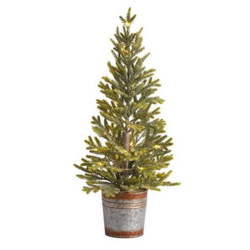 Nearly Natural 2.17-ft Pine Natural Look-in Artificial Christmas Tree with 35 Warm White Lights in Rustic Metal Planter - image 1 of 4