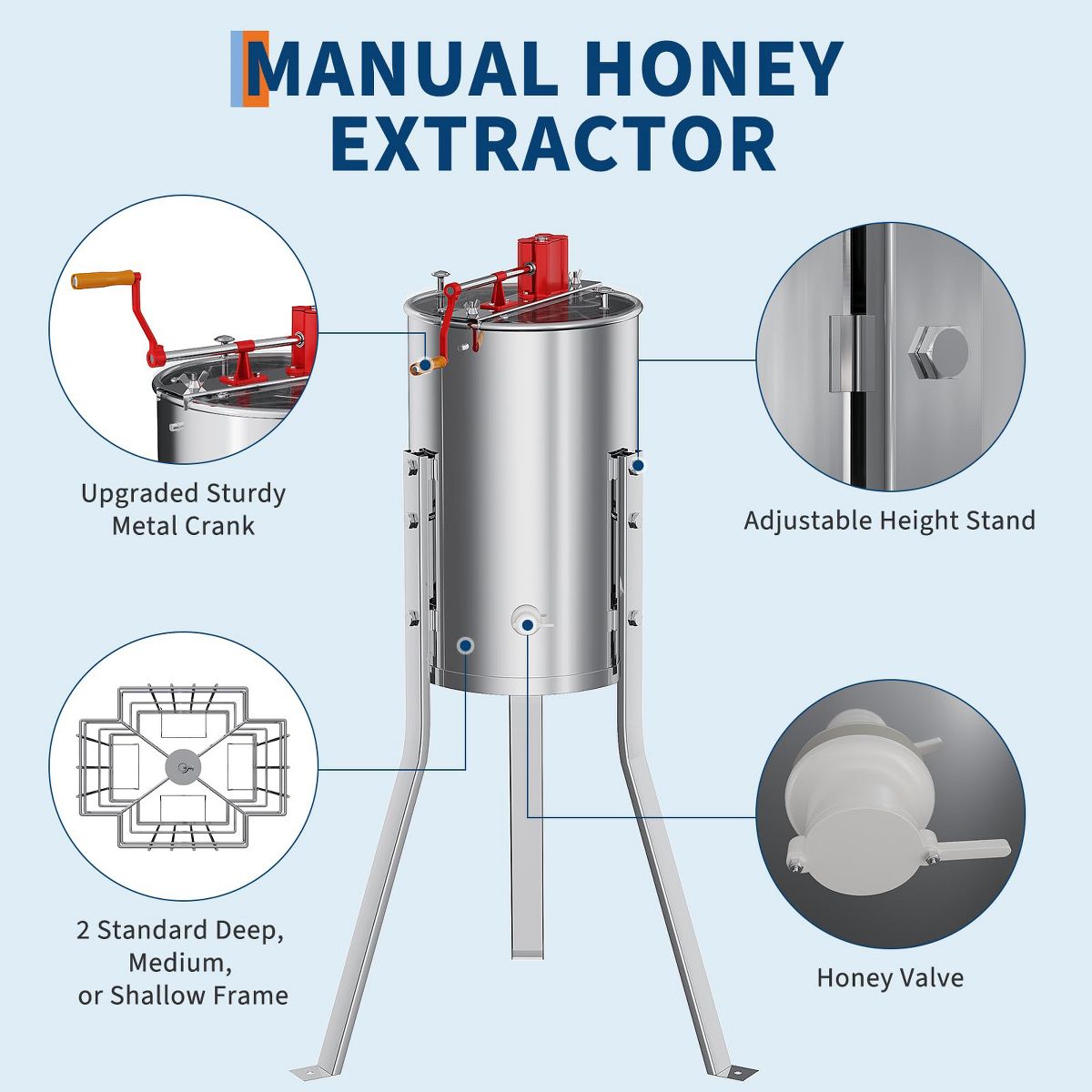 2/4 Frame Manual Honey Extractor, Stainless Steel Beekeeping Spinner with Adjustable Height Stand, Clear Lid, Fits 4 Deep Medium Shallow Frames - thumbnail 4