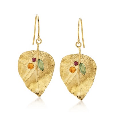 Ross-Simons 1.40 ct. t.w. Multi-Gemstone Leaf Drop Earrings in 18kt Yellow Gold Over Sterling
