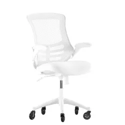 Flash Furniture Kelista Mid-Back White Mesh Swivel Ergonomic Task Office Chair with White Frame, Flip-Up Arms, and Transparent Roller Wheels