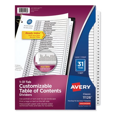 Avery Customizable TOC Ready Index Black and White Dividers, 31-Tab, 1 to 31, 11 x 8.5, 1 Set