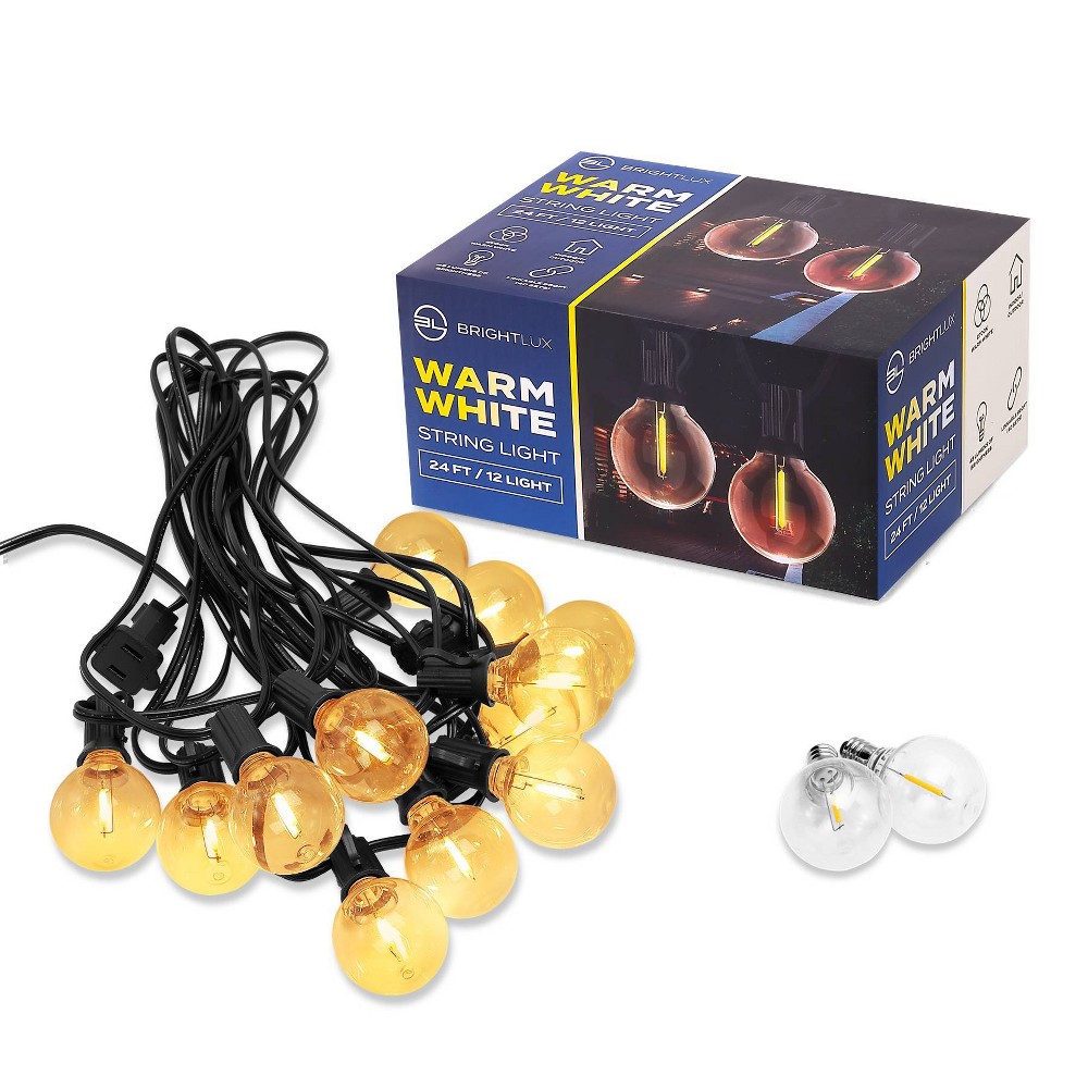 BrightLux 12ct LED 24ft G40 Indoor Outdoor Filament String Lights Warm White Bulbs with Black Wire