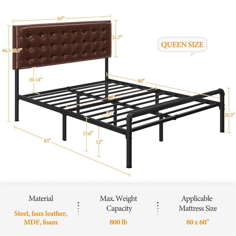 Yaheetech Metal Platform Bed Frame with Square Tufted Faux Leather Upholstered Headboard, 4 of 9