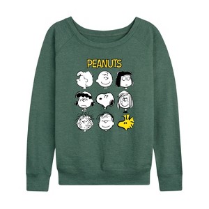 Women's - Peanuts - Many Faces Of Snoopy And Friends Lightweight French Terry Wide Neck Long Sleeve Shirt - 1 of 4