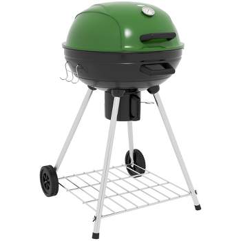 Outsunny 21" Kettle Charcoal BBQ Grill Trolley with 360 sq.in. Cooking Area, Shelf, and Ash Catcher, Wheeled Outdoor Barbecue, Green