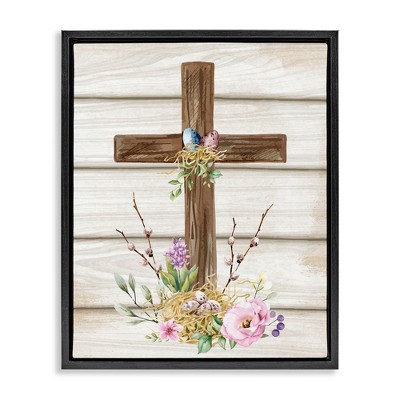 Stupell Industries Spiritual Easter Cross Spring Blossoms Black Framed Floater Canvas Wall Art