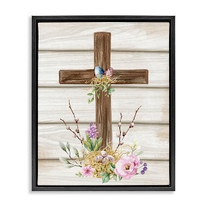 Stupell Industries Spiritual Easter Cross Spring Blossoms Black Framed Floater Canvas Wall Art - 1 of 4