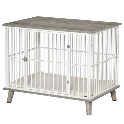 Medium Gray and White Wooden Dog Crate Table with Cushion