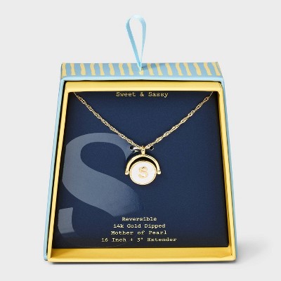 14K Gold Dipped Crystal and Mother of Pearl Circle Spinner Initial Necklace - A New Day™