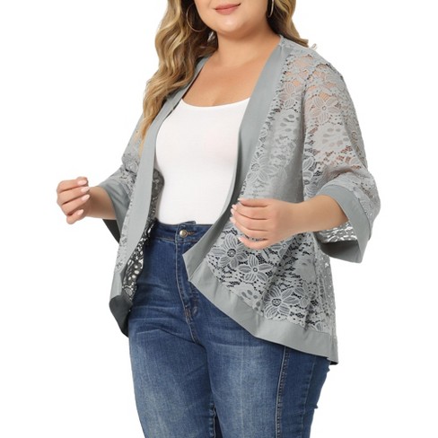 Agnes Orinda Women's Plus Size Elegant Open Front 3/4 Sleeve Lace  Lightweight Tunic Cardigans Gray 1X