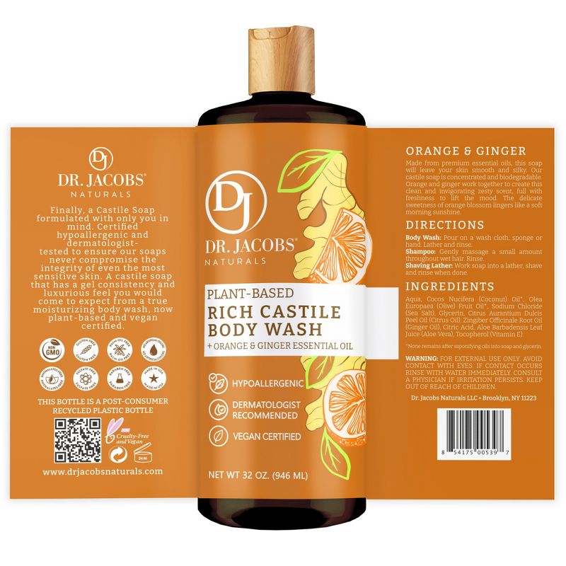 Dr Jacobs Naturals Rich Castile Orange & Ginger Body Wash Hypoallergenic Vegan Sulfate-Free Paraben-Free 32oz-Orange &Ginger, 3 of 9