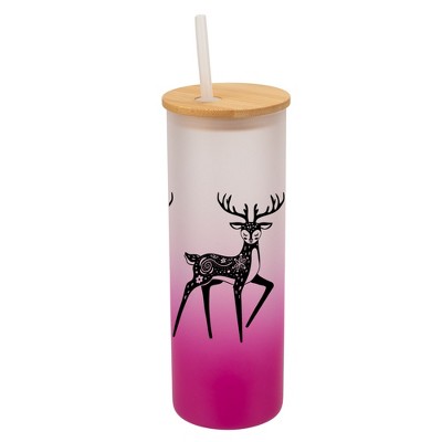 Elanze Designs Graceful Forest Deer Pink Frosted Gradient Glass Tumbler with Bamboo Lid & Straw 25 ounce Reusable Iced Coffee or Water Cup, Whimsical