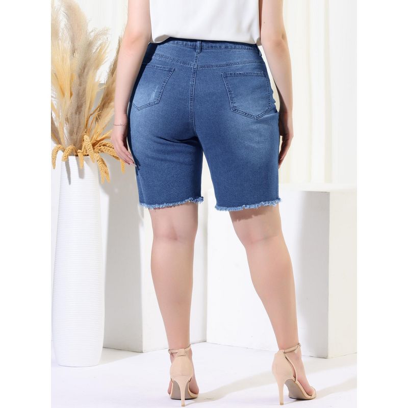 Agnes Orinda Women's Plus Size Denim Mid Rise Ripped Frayed Bermuda Jean Shorts, 5 of 7