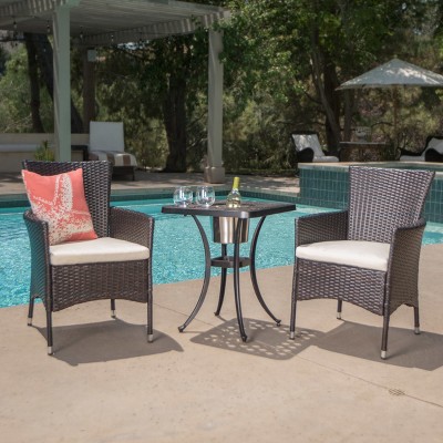 Ava 3pc Aluminum and Wicker Bistro Set with Ice Bucket: Weather-Resistant, Cushioned Chairs - Christopher Knight Home
