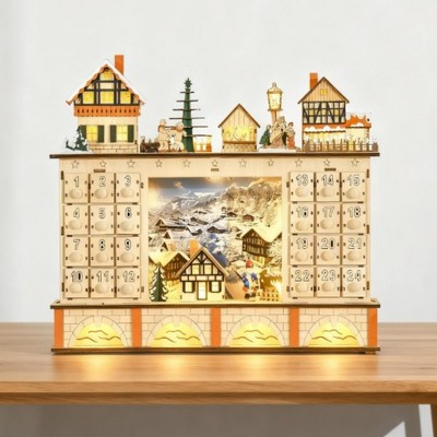 NAYSAYE Christmas Advent Calendar, Wooden 24 Drawers Lighted Village Scene for Table Mantel Reusable Countdown Holiday Gift, Beige, 17.3"*4"*14.5"