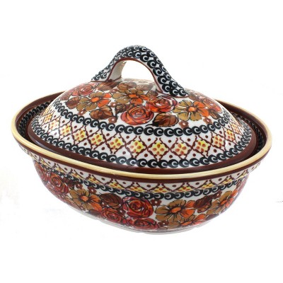 Blue Rose Polish Pottery Autumn Rose Small Oval Baker with Lid