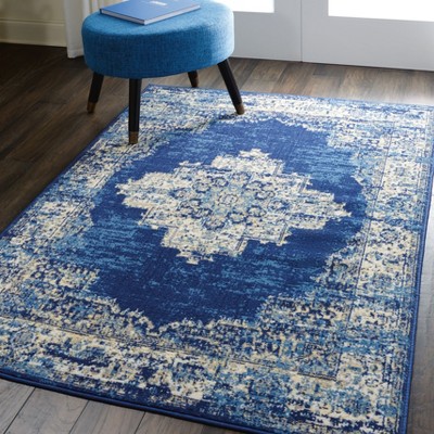 Handmade Navy Blue Medallion Synthetic Rectangular Rug