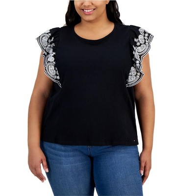 Tommy Hilfiger Womens Embroidered Flutter Knit Blouse