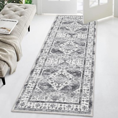Vintage Floral Area Rug Washable Non-Slip, Oriental Low Pile Accent Carpet for Living Room Bedroom Office, Distressed Medallion Design