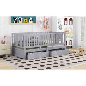 CAVINAS Twin Size Wood Montessori Bed with 2 Drawers and Safety Guardrails,Modern Floor Bed Can Split Into 2 Beds,Toddler Bed for Bedroom - 1 of 4