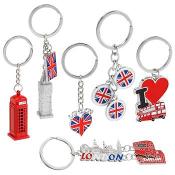 Juvale 6 Pack London Keychains, British Souvenir Gifts, UK Flag, Telephone Booth, Big Ben, Double-Decker Bus, England Metal Key Rings