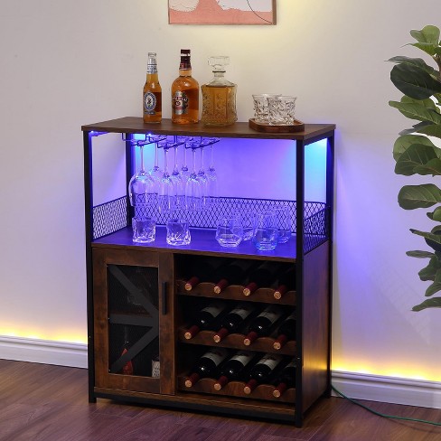 Wine Cabinet W Led Light, Rack, Glass Holder, And Buffet Mesh Door ...