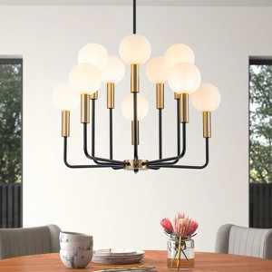 Rennnsan Halorun 27"W 10-Light Bubble Milk Glass Mid-Century Modern Dimmable Chandelier in Black - 1 of 4