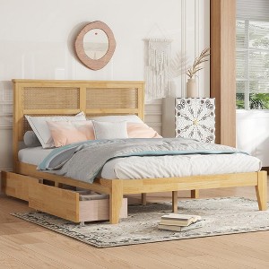 BABYYER Full Size Bed Frame with Rattan Headboard, Boho Platform Bed with Storage Underneath and Enhanced Support Slats and Feet - 1 of 4