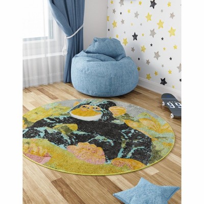 Round Multi-Color Synthetic Kids Area Rug with Gorilla Design