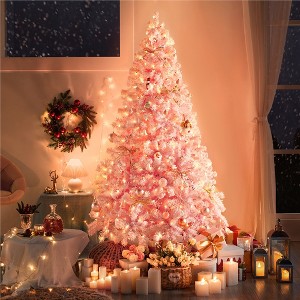 Yaheetech Pre-lit Flocked Artificial Christmas Tree with Warm Lights, PVC Branch Snow Frosted Xmas Tree with Foldable Stand - 1 of 4