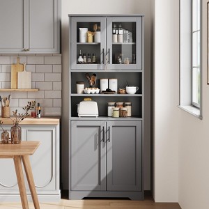 Garvee 57.87" Wood Kitchen Pantry & Coffee Bar Cabinet with Glass Doors,Modern Farmhouse Freestanding Storage Hutch, Gray - 1 of 4
