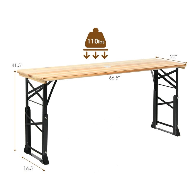 Costway 66.5" Outdoor Folding Wood Picnic Table Height Adjustable Metal Frame, 3 of 11