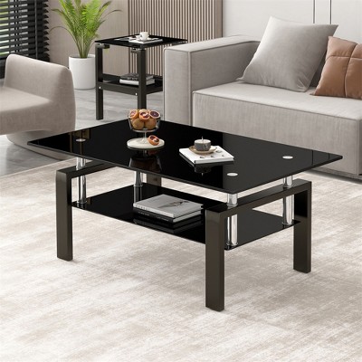 Rectangle Glass Coffee Table, Modern Side Coffee Table For Living Room, 2-Tier Tea Table With Tempered Glass Tabletop, Lower Shelf For Living Room