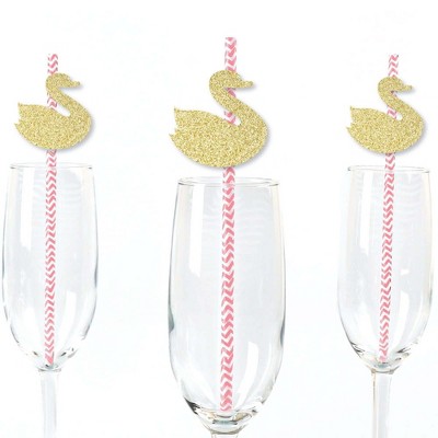 Big Dot of Happiness Gold Glitter Swan Party Straws - No-Mess Real Glitter Cut-Outs & Decorative Baby Shower or Birthday Party Paper Straws - 24 Ct