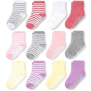 Cozyway Non-Slip Crew Grip Girls Socks, 12 Pack for Girls, Pastel Colors & Stripes, 5-7 Years Old - 1 of 4
