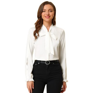 Allegra K Women's Elegant Bow Tie Neck Long Sleeve Work Shirt - 1 of 4