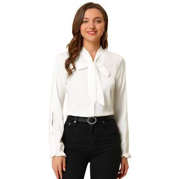 Allegra K Women's Elegant Bow Tie Neck Long Sleeve Work Shirt